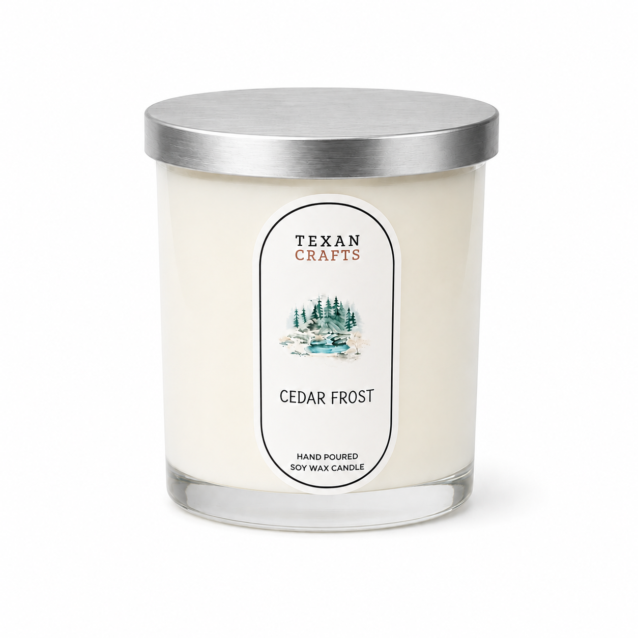 Candle with a silver lid and 'Texan Crafts' label on a white background