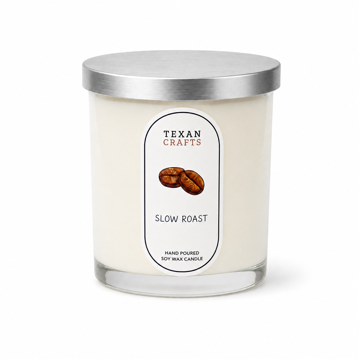 Candle with a label reading 'Texan Crafts Slow Roast' on a white background