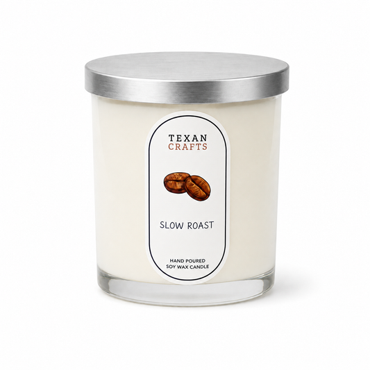 Candle with a label reading 'Texan Crafts Slow Roast' on a white background