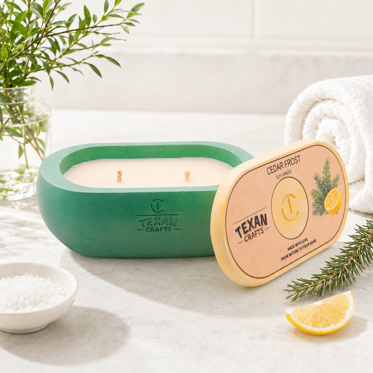 Alma Cedar Frost hand-cast stone soy candle by Texan Crafts