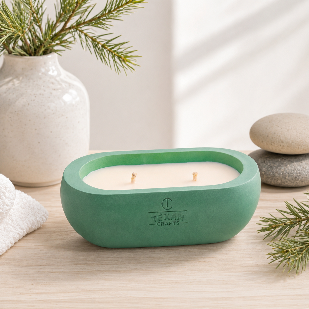 Alma Cedar Frost hand-cast stone soy candle by Texan Crafts