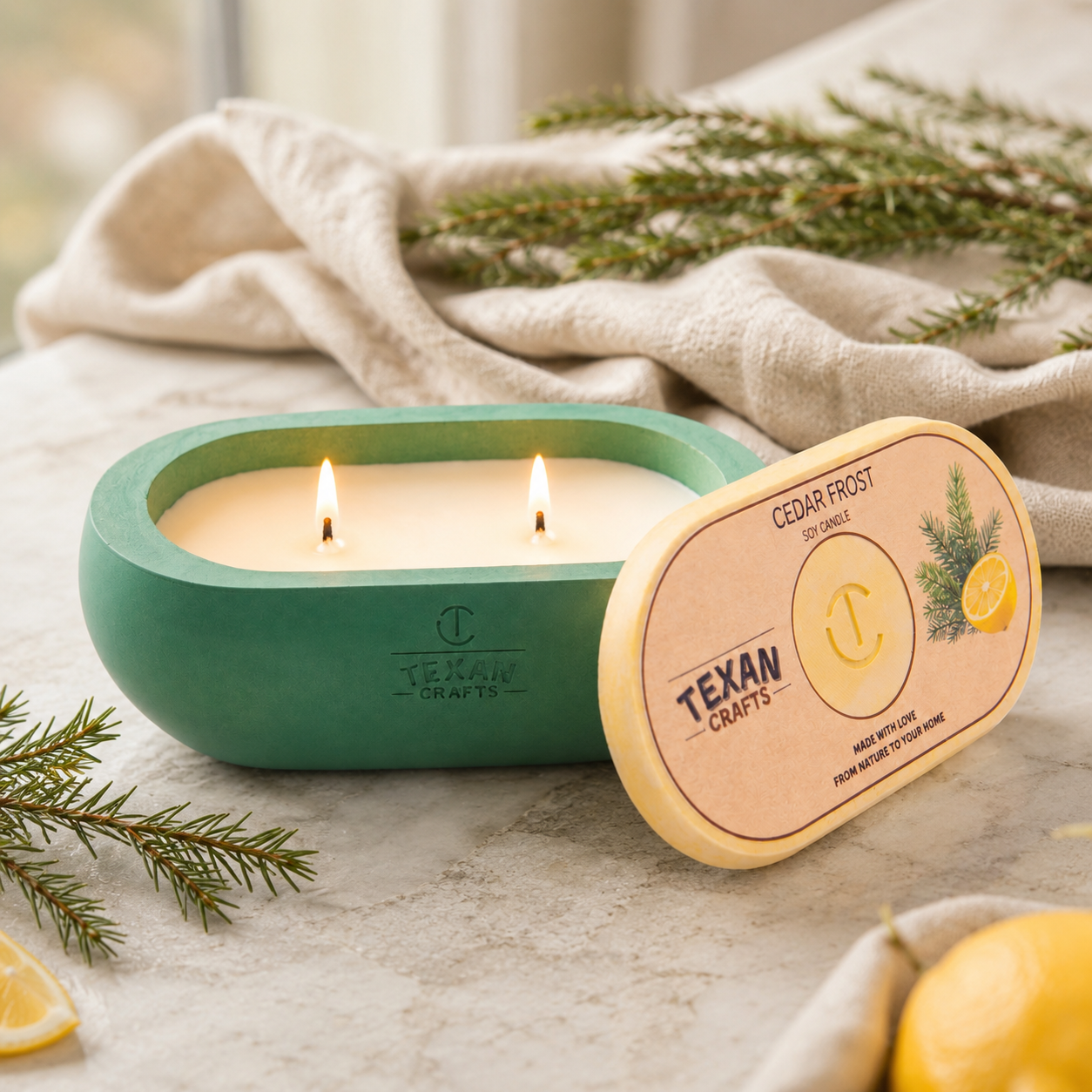 Alma Cedar Frost hand-cast stone soy candle by Texan Crafts