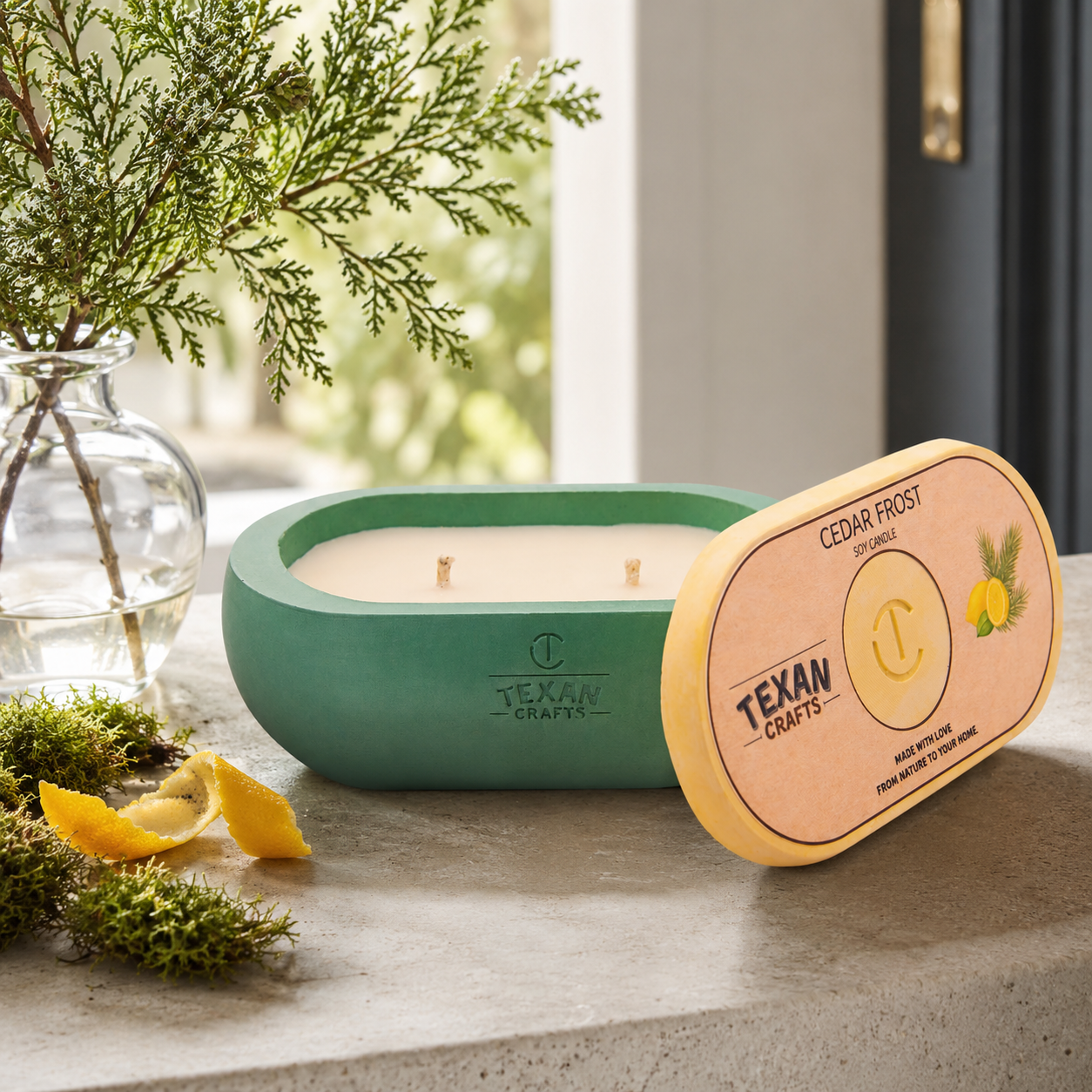 Alma Cedar Frost hand-cast stone soy candle by Texan Crafts