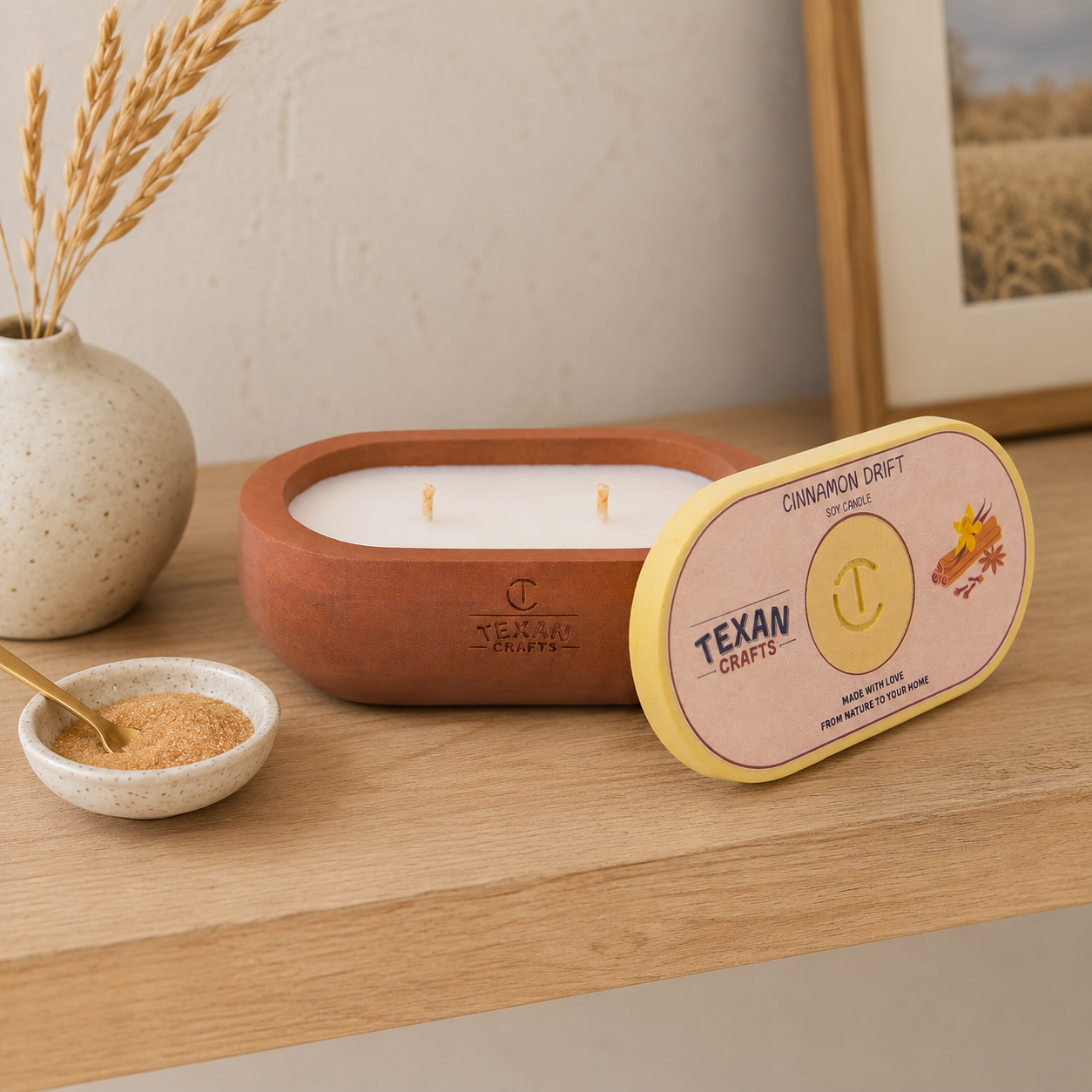 Alma Cinnamon Drift hand-cast stone soy candle by Texan Crafts