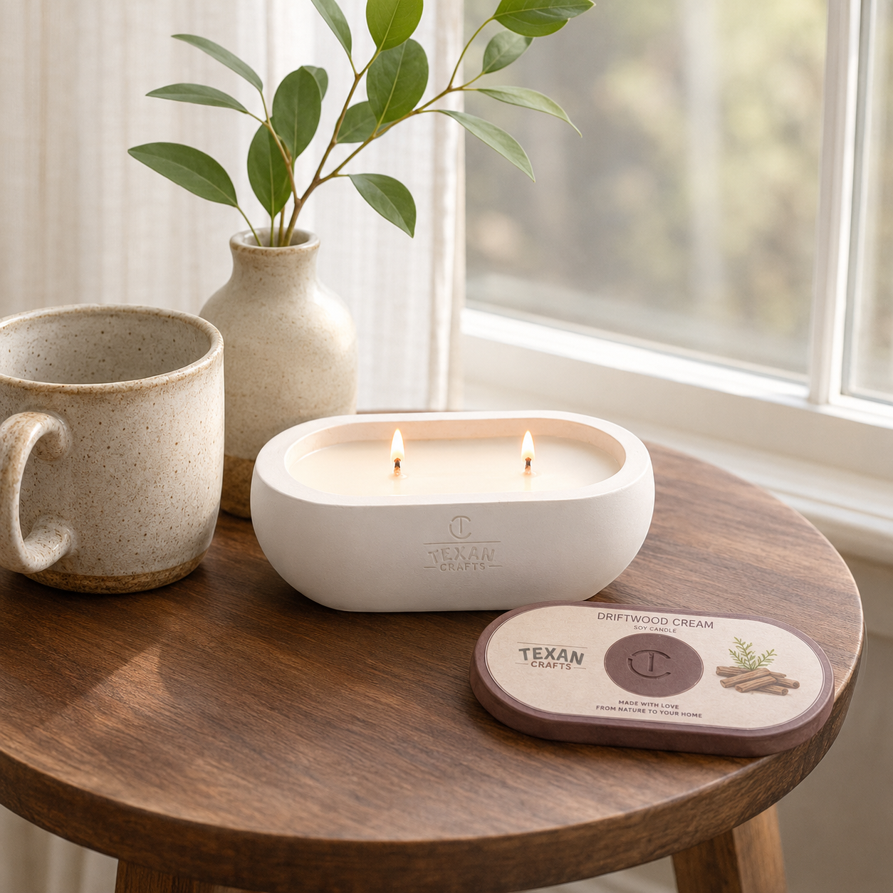 Alma Driftwood Cream hand-cast stone soy candle by Texan Crafts
