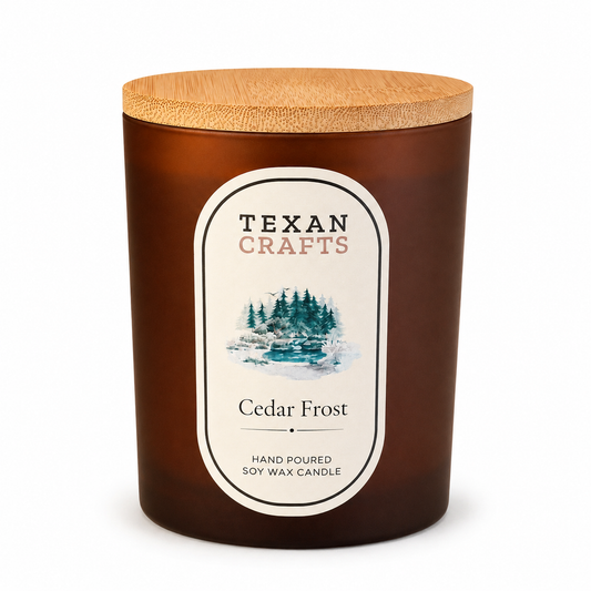 Luna Cedar Frost hand-poured soy candle in matte glass with a bamboo lid, on white