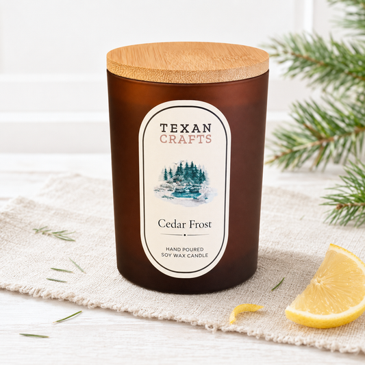 Luna Cedar Frost hand-poured soy candle by Texan Crafts