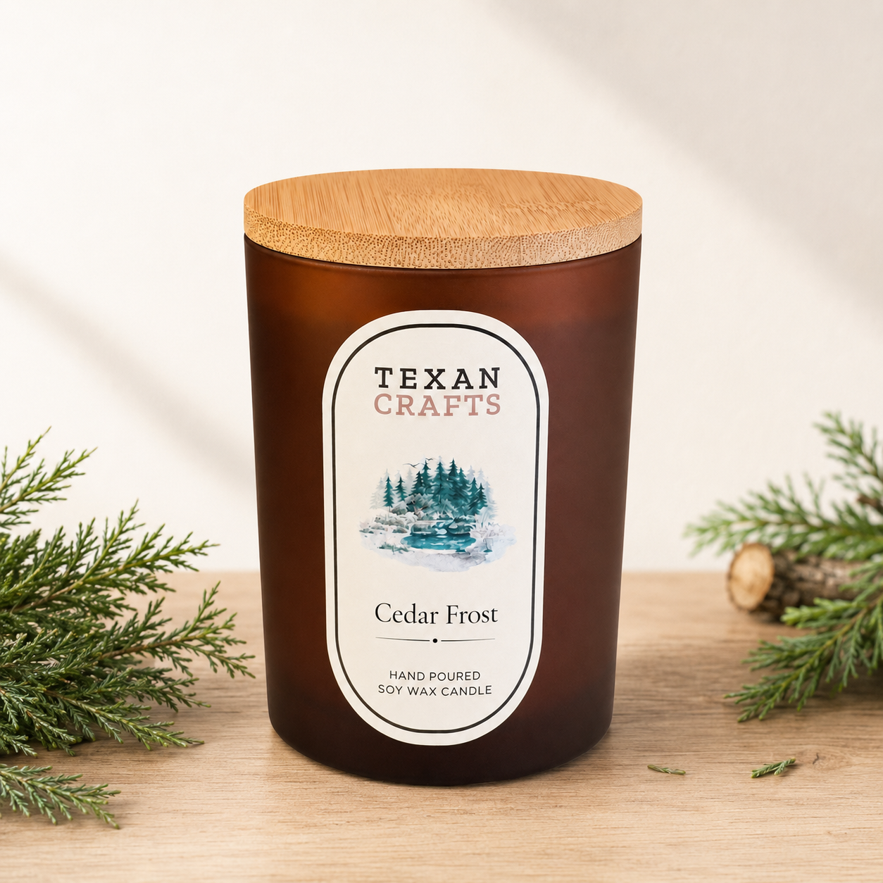 Luna Cedar Frost hand-poured soy candle by Texan Crafts