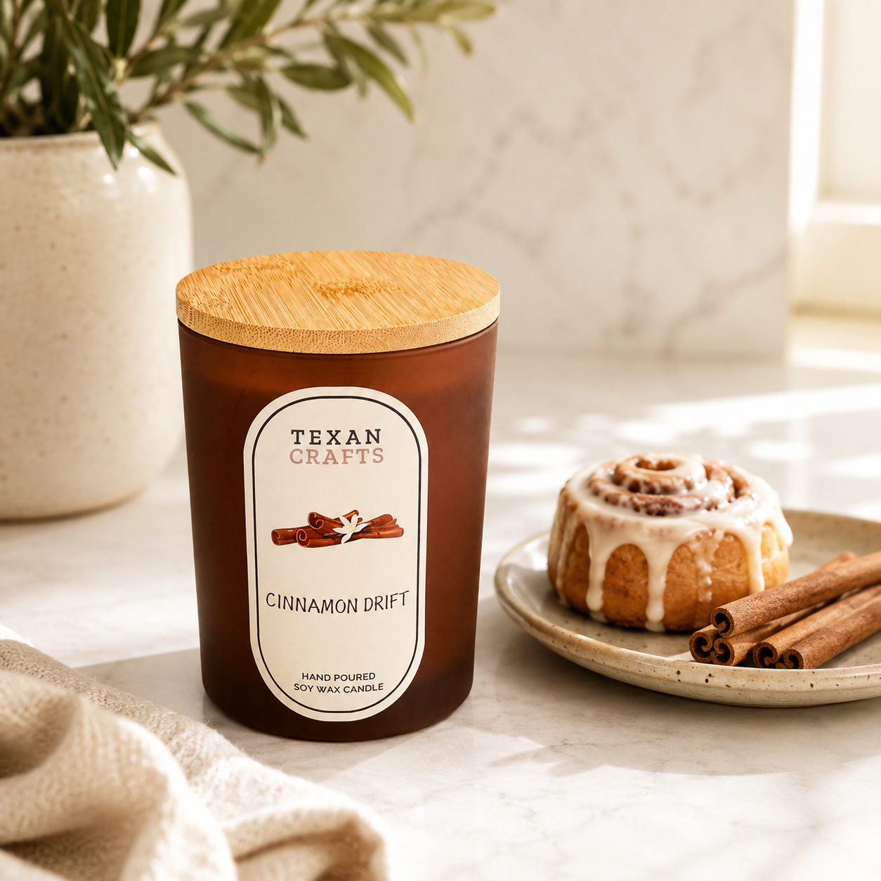 Luna Cinnamon Drift hand-poured soy candle by Texan Crafts
