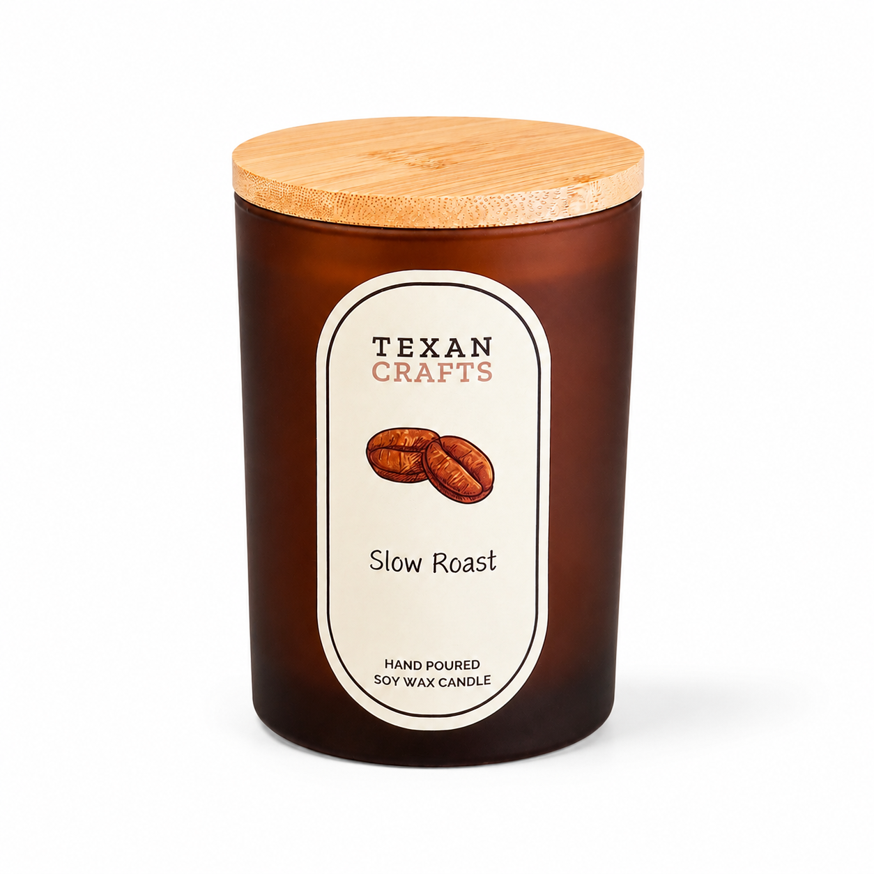 Luna Slow Roast hand-poured soy candle in matte glass with a bamboo lid, on white