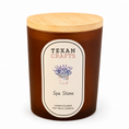 Load image into Gallery viewer, Luna Spa Stone hand-poured soy candle in matte glass with a bamboo lid, on white
