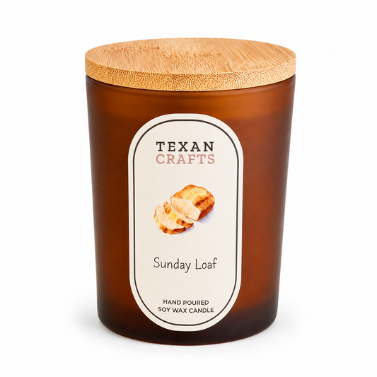 Luna Sunday Loaf hand-poured soy candle in matte glass with a bamboo lid, on white