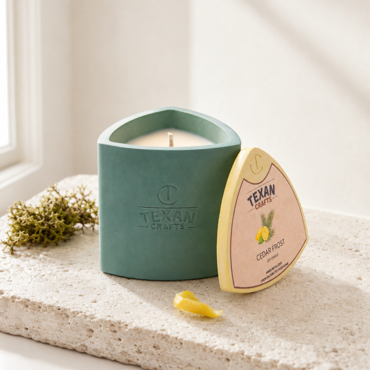 Mica Cedar Frost hand-cast stone soy candle by Texan Crafts