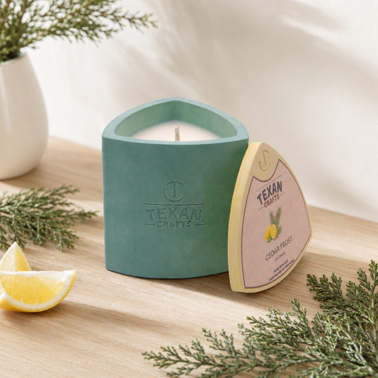 Mica Cedar Frost hand-cast stone soy candle by Texan Crafts