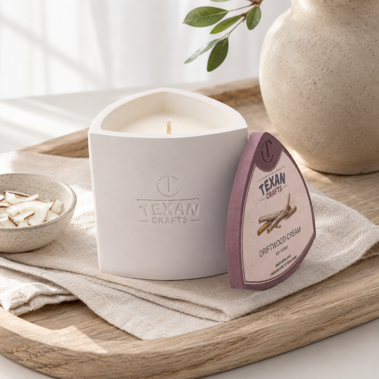 Mica Driftwood Cream hand-cast stone soy candle by Texan Crafts