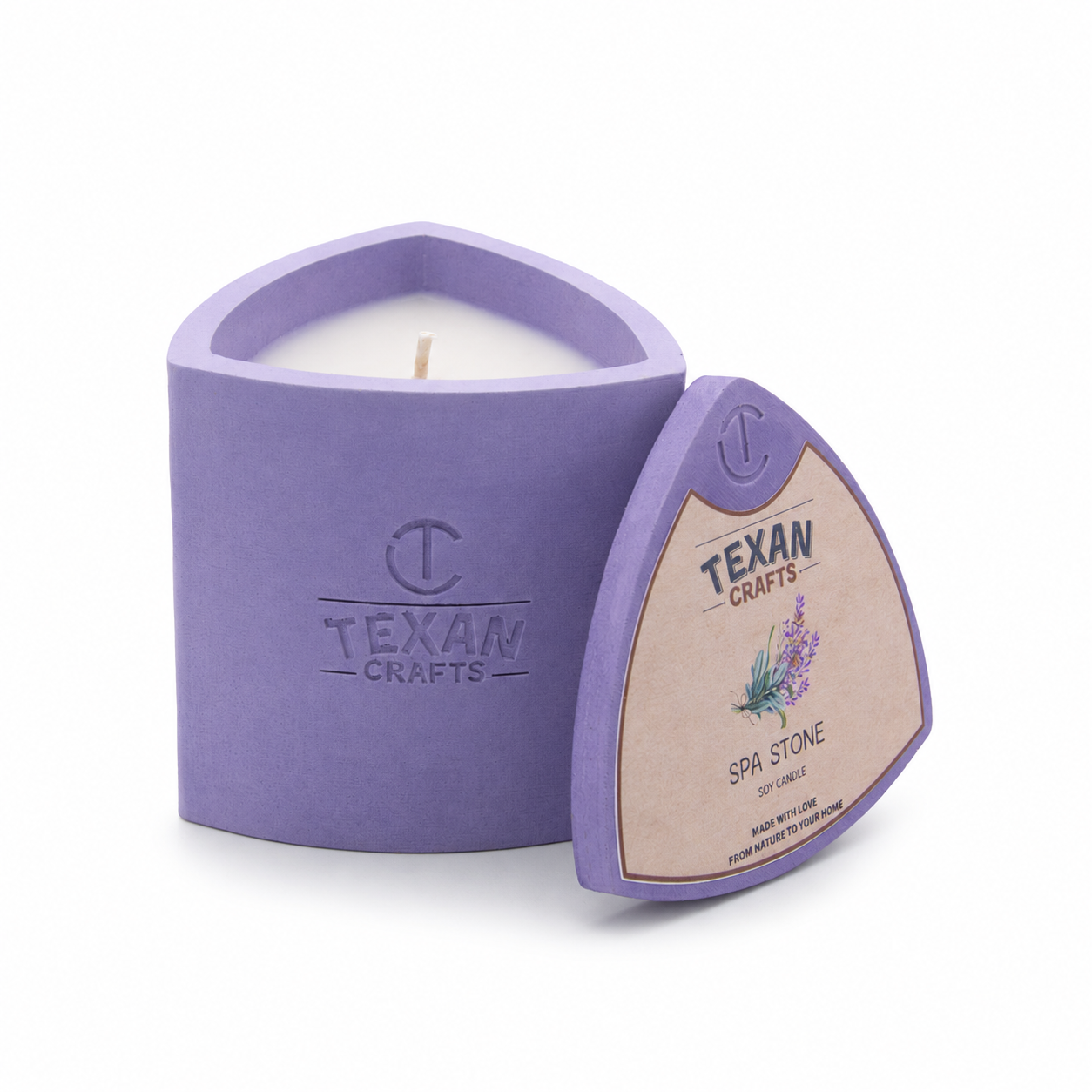 Candle in a purple container with 'Texan Crafts' branding on a white background