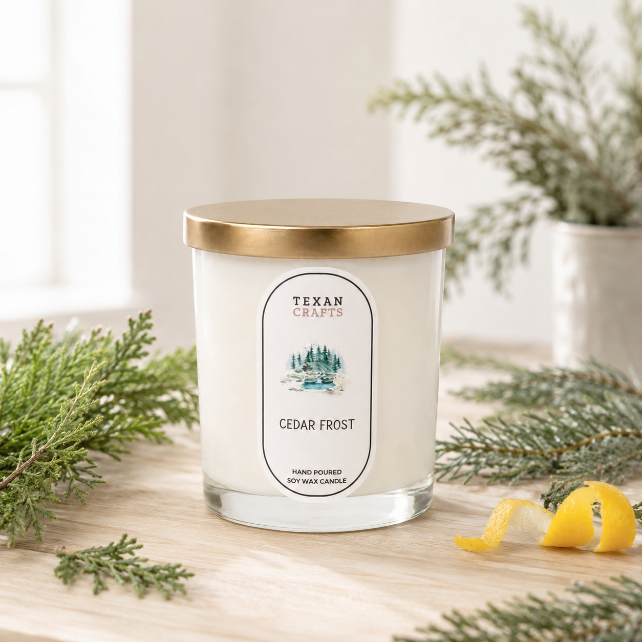 Stella Cedar Frost hand-poured soy candle by Texan Crafts