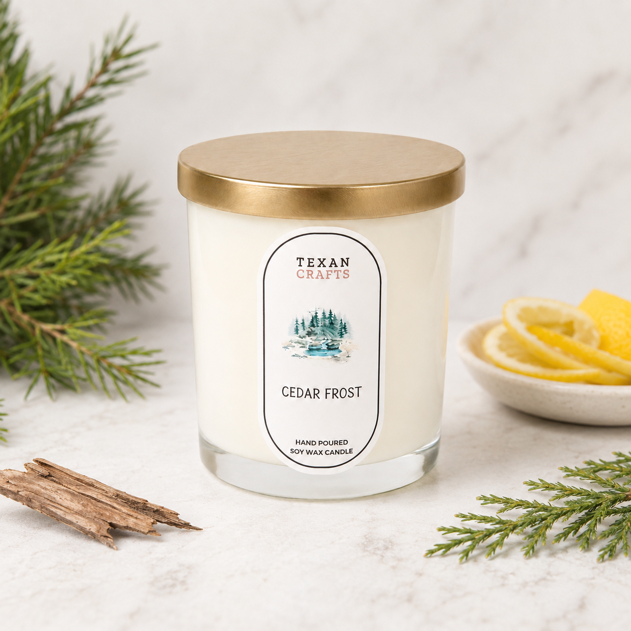 Stella Cedar Frost hand-poured soy candle by Texan Crafts