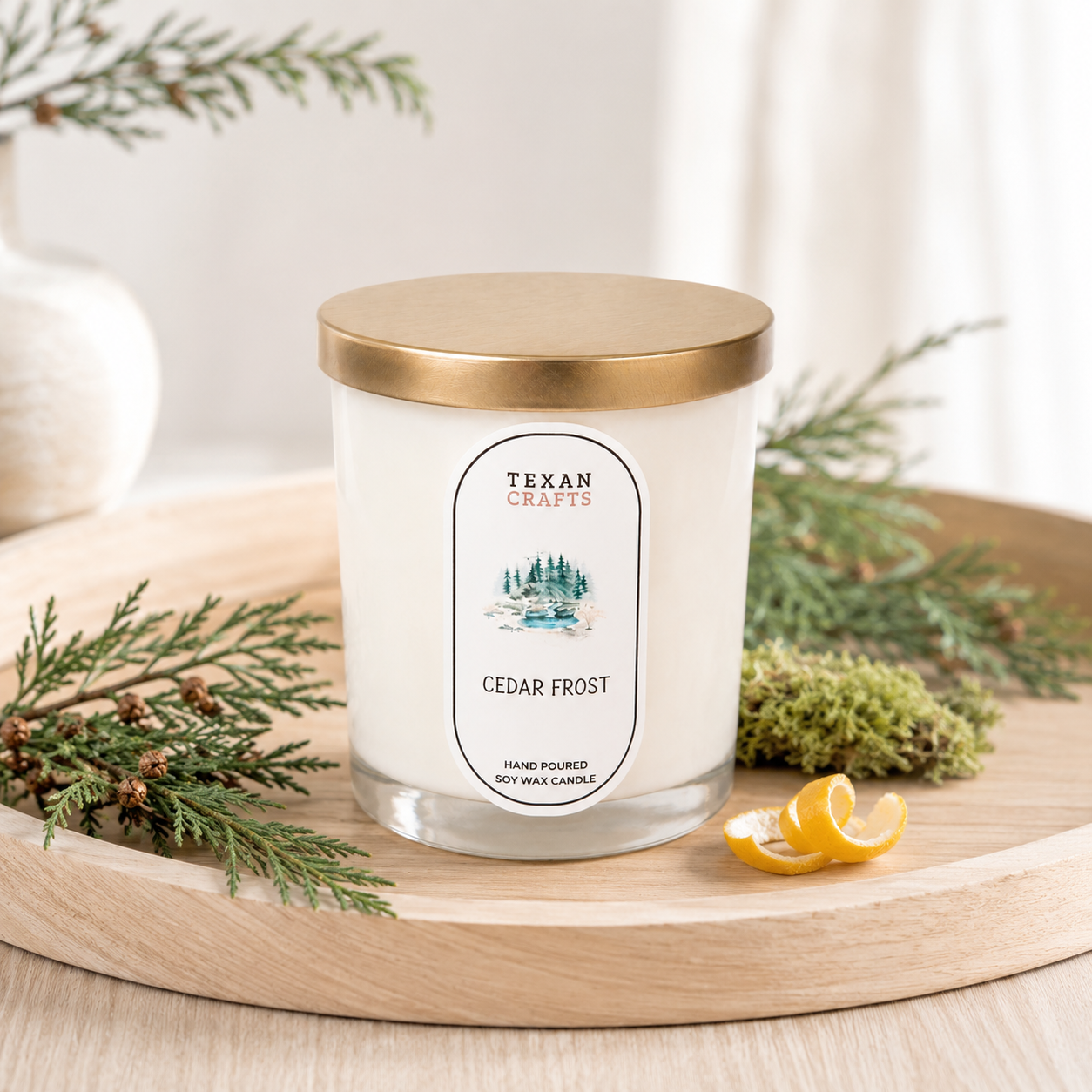 Stella Cedar Frost hand-poured soy candle by Texan Crafts