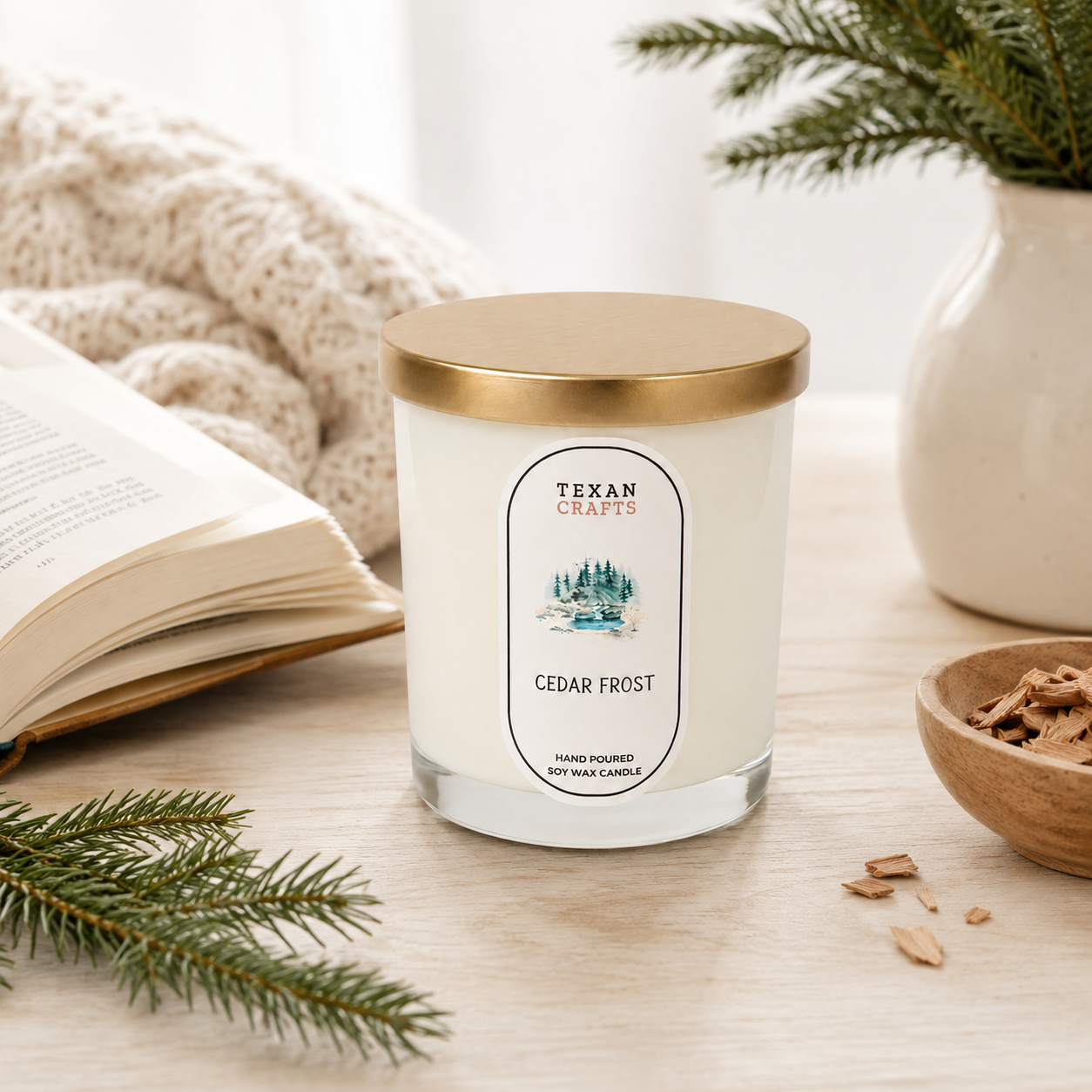 Stella Cedar Frost hand-poured soy candle by Texan Crafts
