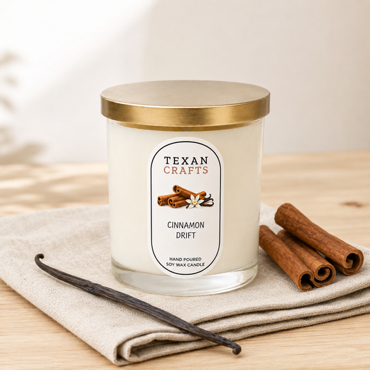 Stella Cinnamon Drift hand-poured soy candle by Texan Crafts