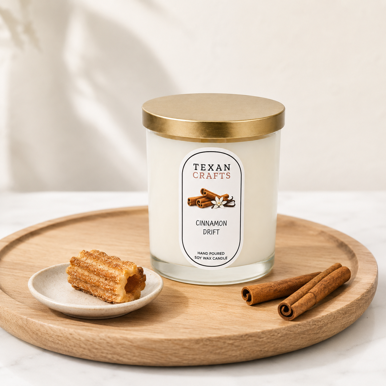 Stella Cinnamon Drift hand-poured soy candle by Texan Crafts