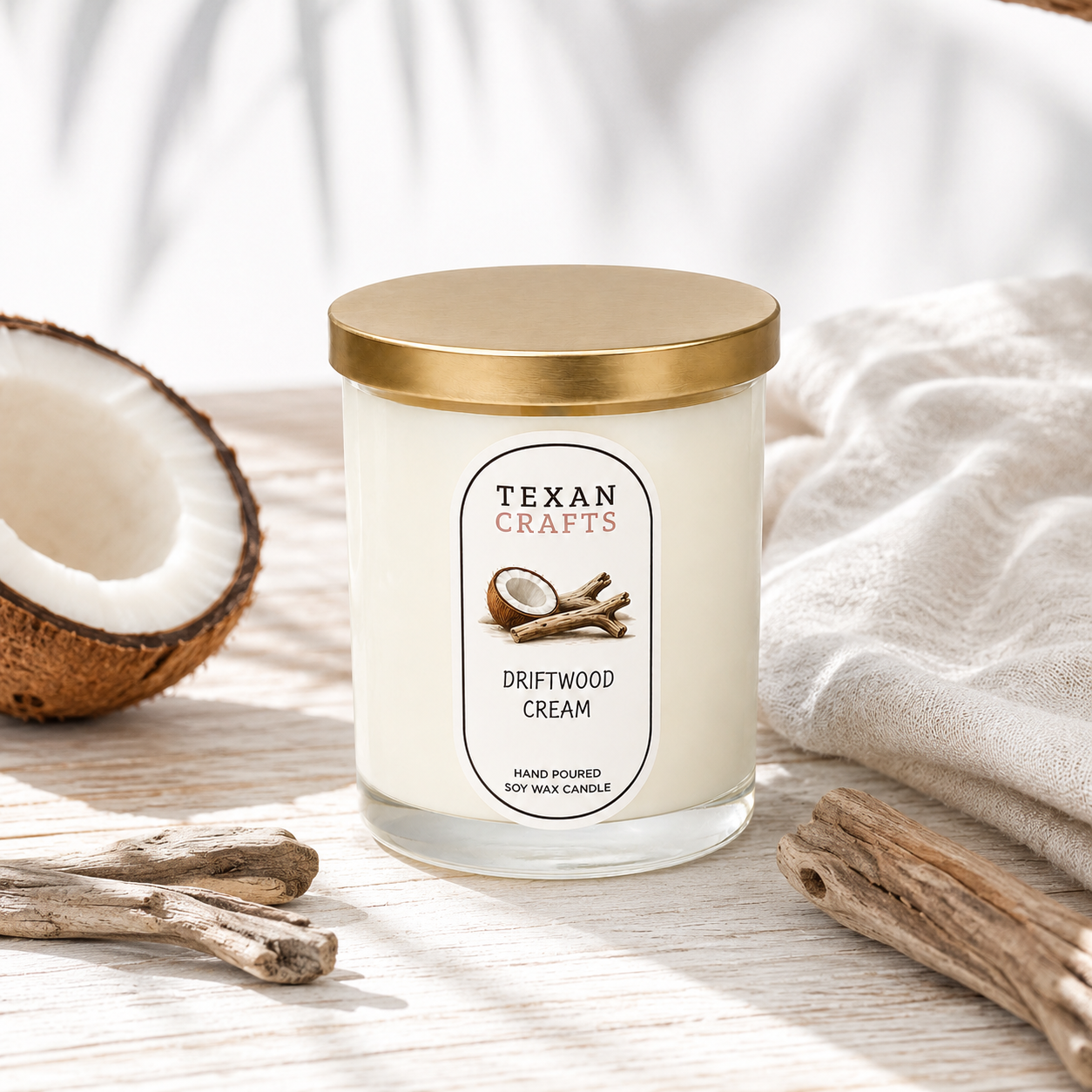 Stella Driftwood Cream hand-poured soy candle by Texan Crafts